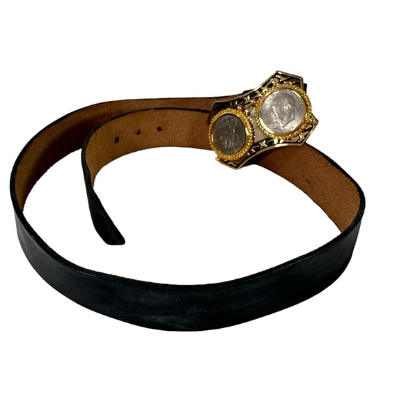 Vintage Eisenhower one dollar double buckle black leather belt  size 36 - Picture 6 of 10